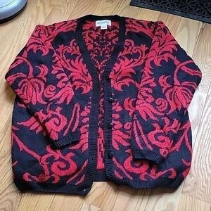 Vintage Alfred Dunner Red Black Cardigan Large Petite